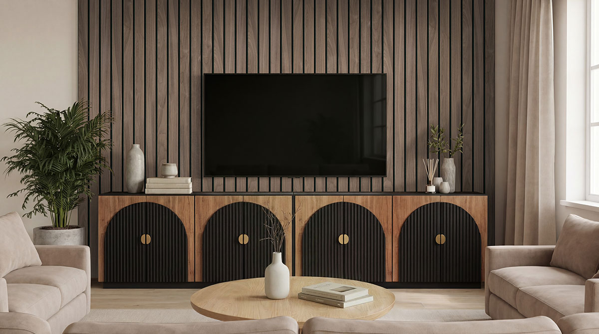 MSI Macro & Reeded Slat Panels - Tawny Macro Acoustic Wood Slat Panels 10.63 in x 94.5 in